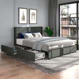 Queen Size Ivory Velvet Upholstered Wingback Platform Bed with 4 Storage Drawers