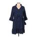 Casual Dress - A-Line V Neck 3/4 sleeves: Blue Polka Dots Dresses - Women's Size Medium