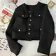 Korean Fashion Tassel Tweed Coat Women Spring Fall V-Neck Vintage Jacket 2023 French Style Black