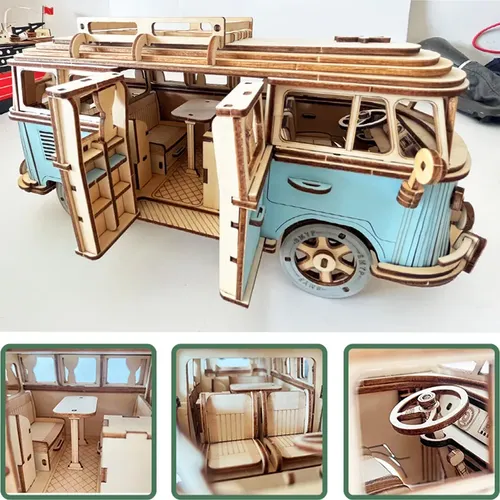 Retro-Bus im europäischen Stil Wohnmobil 3d Holzauto Puzzle DIY Segelschiff Flugzeug Gebäude Haus