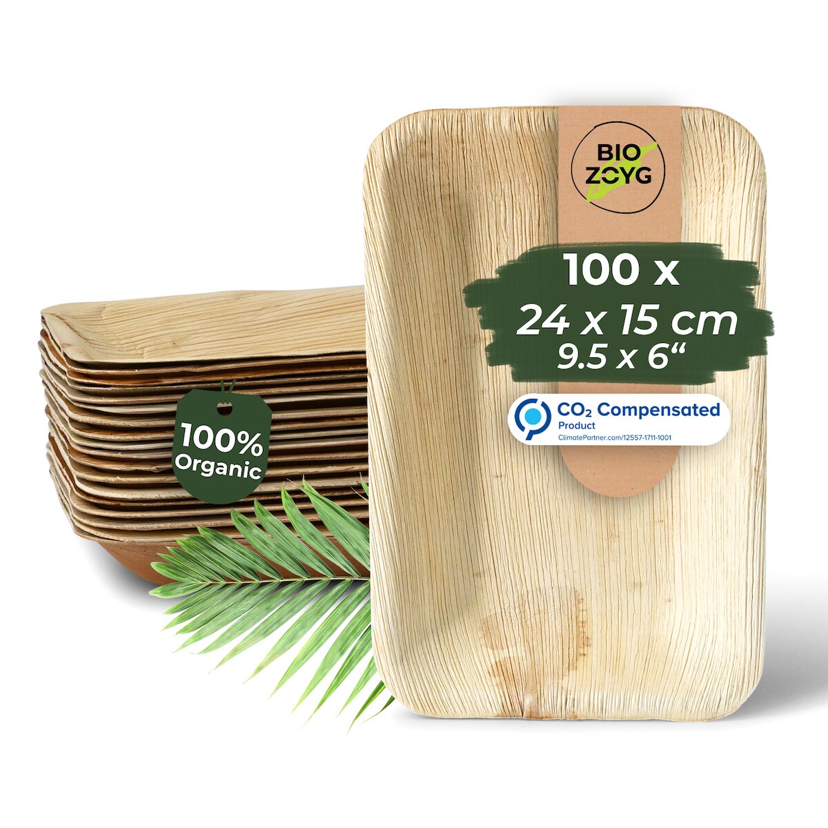 BIOZOYG 100 Stück Einweggeschirr 24x15cm, tief, Palmblatt-Teller rechteckig umweltfreundliche Einwegteller aus Palmenblättern, biologisch abbaubar Image
