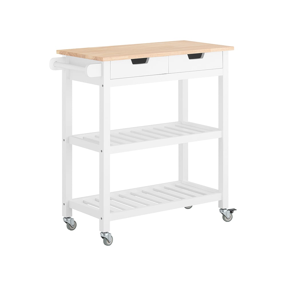 Desserte en bois blanc à roulettes 2 tiroirs 1 porte-serviettes