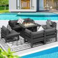 NICESOULÂ® 7 Pieces Aluminum Patio Furniture with Fire Pit Outdoor Conversation Set 43 Propane Gas Convertable Fire Pit Table Safe Approved Modern Luxury Sofa Set Grey Color