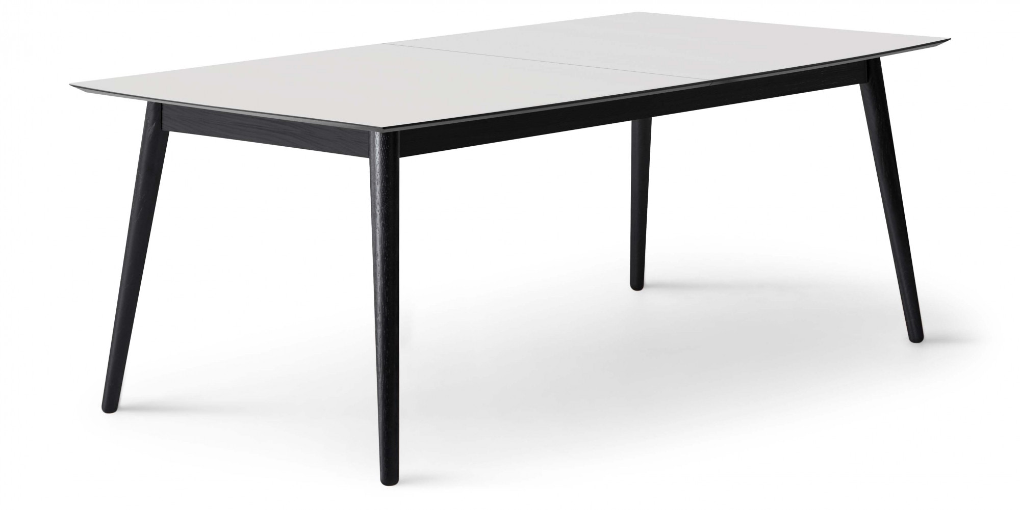 Esstisch HAMMEL FURNITURE "Meza Designtisch mit Auszugsfunktion und 2 Einlegeplatten", weiß (weiß, natur, weiß), B:165cm H:74cm T:90cm, Tischplatte: Weiss Laminat (schwarzer Rand), Gestell: Massive schwarz gebeizte Esche., Tische, rechteckige...