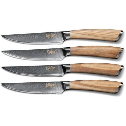 Steakbesteck KÄFER, grau (edelstahl), 4 tlg., Klingenstahl, Massivholz, Essbesteck-Sets, Olivenholzgriff, 67-lagiger Damaszenerstahl, Klingenlänge 12 cm