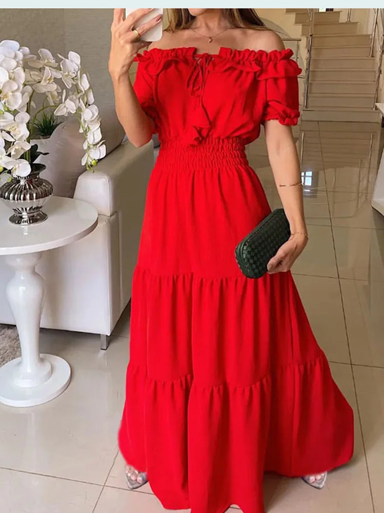 Sommer Boho Rotes Kleid Mode Kurzarm Strand Langes Kleid Beiläufige Lose Elegante Ferien Party Kleider Für Frauen Robe Femme 2023 Image