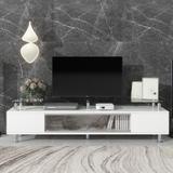 TV Console Table Tempered Glass Sliding Glass Door Media Console with Sliding Glass Door for TV Up to 70", White
