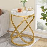 Round End Table, 26 Inches White and Gold Faux Marble Top Nightstands Sofa Side Table