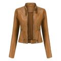 Tops For Women Women S Slim Leather Stand Collar Zip Motorcycle Suit Belt Coat Jacket Tops Coffee M