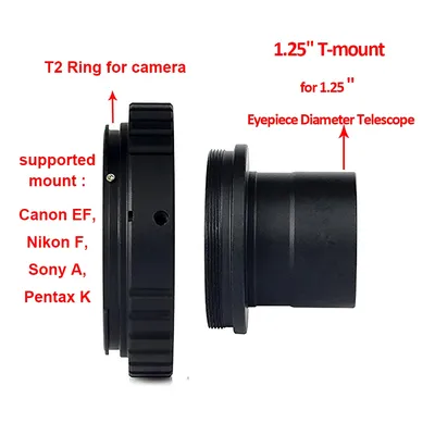 1,25" auf T2 (M42x0,75) Teleskop-Adapterrohr + Kamera T2-Adapterring für Canon EF / Sony A / Nikon F / Pentax K-Mount-Kameras
