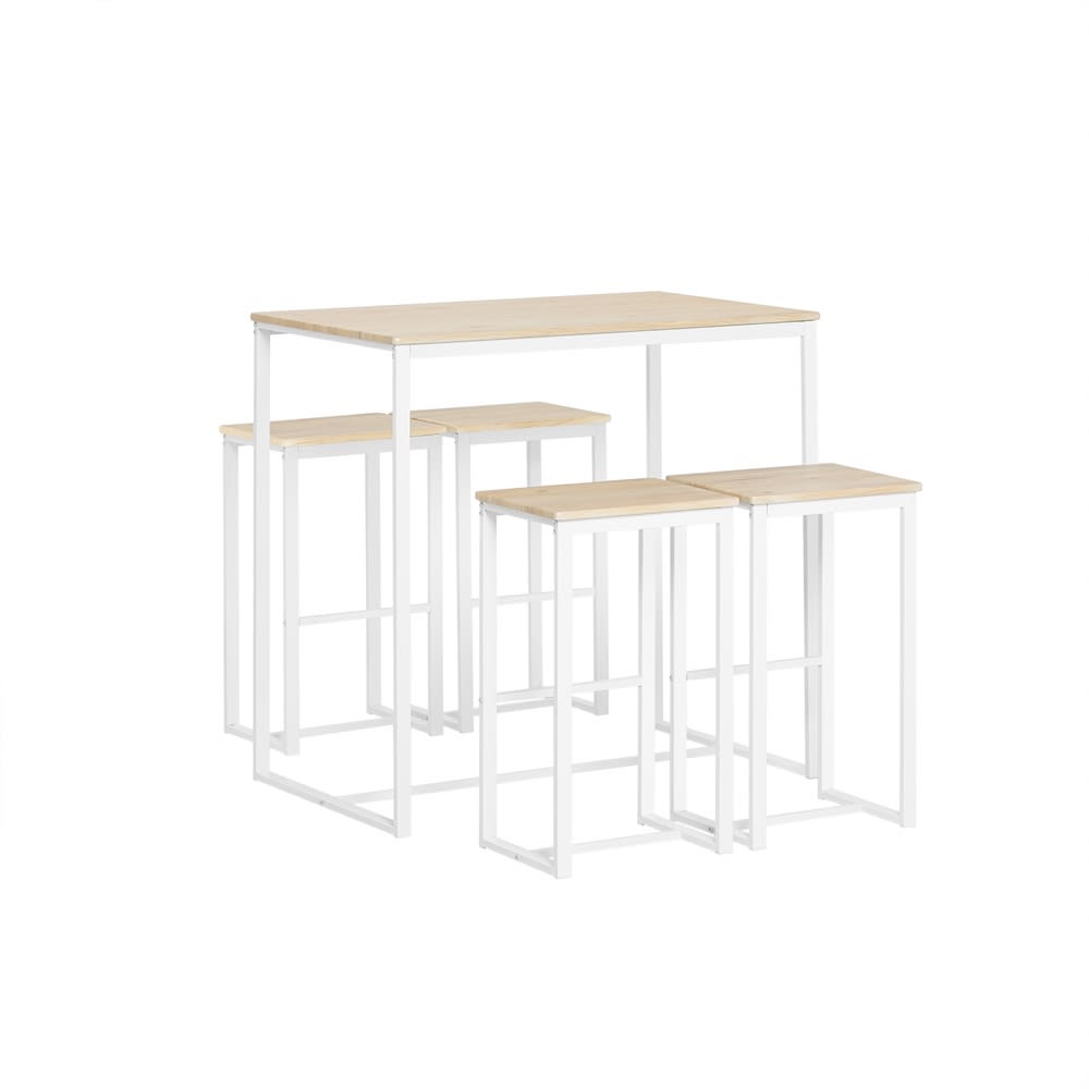 Set de 1 table et 4 tabourets de bar effet bois et métal blanc