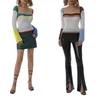 Newest Arrival Women Hollow Out Fashion Knitwear Variegated Color Square Collar Long Sleeve Crop