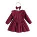 Toddler Baby Girls Dress 2pcs Solid Ruffle Long Sleeves A-Line Knee Length Dress with Hairband