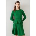 Susannah Green Rib Knit Pleated Peplum Top Dark Green, Dark Green