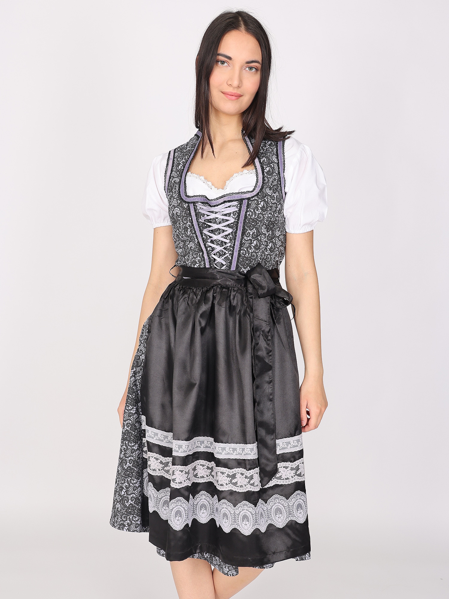 Dirndl JCC "31023116", Damen, Gr. 44, Normalgrößen, lila (lila, schwarz), Obermaterial: 100% Baumwolle; Futter: 100% Baumwolle; Schürze: 100% Polysatin, Kleider Image