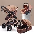 3 in 1 Baby Stroller Carriage Folding Infant Stroller for Toddler,Reversible Bassinet Pram,Newborn Pram Baby Buggy Shock Absorbing Frame and Wheels (Color : Brown)