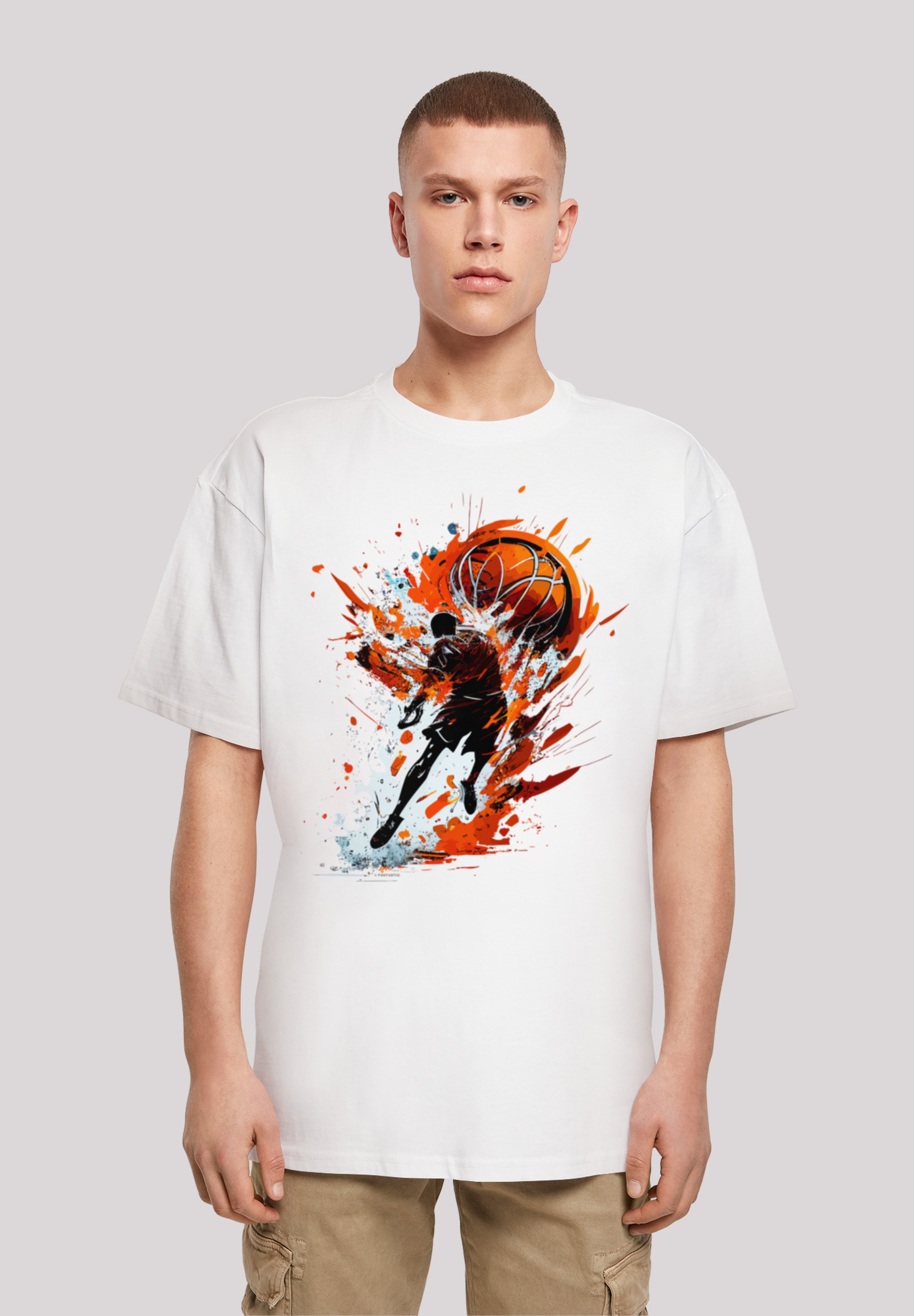 T-Shirt F4NT4STIC "Basketball Splash Sport OVERSIZE TEE", Herren, Gr. S, weiß, Obermaterial: 100% Baumwolle, oversize, Rundhals, ohne Bündchen, Shirts, Print Image