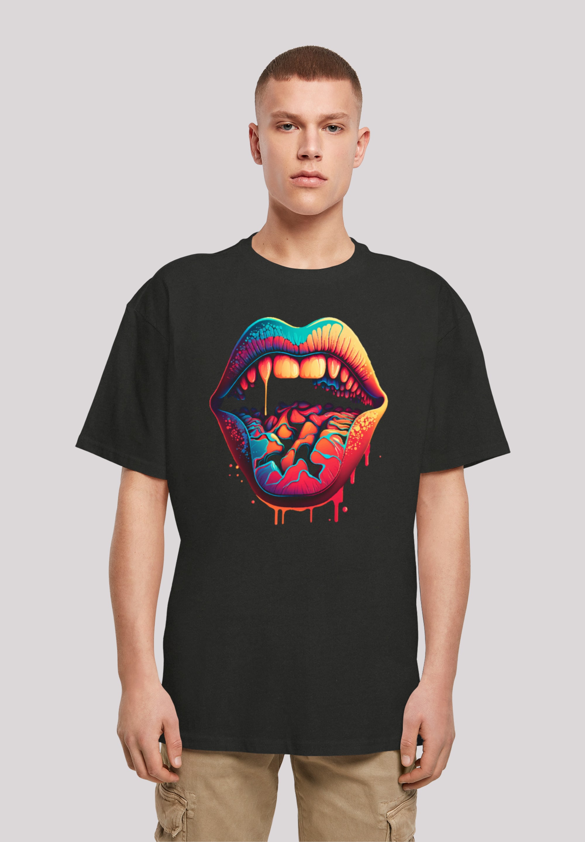 T-Shirt F4NT4STIC "Drooling Lips OVERSIZE TEE", Herren, Gr. L, schwarz, Obermaterial: 100% Baumwolle, oversize, Rundhals, ohne Bündchen, Shirts, Print Image