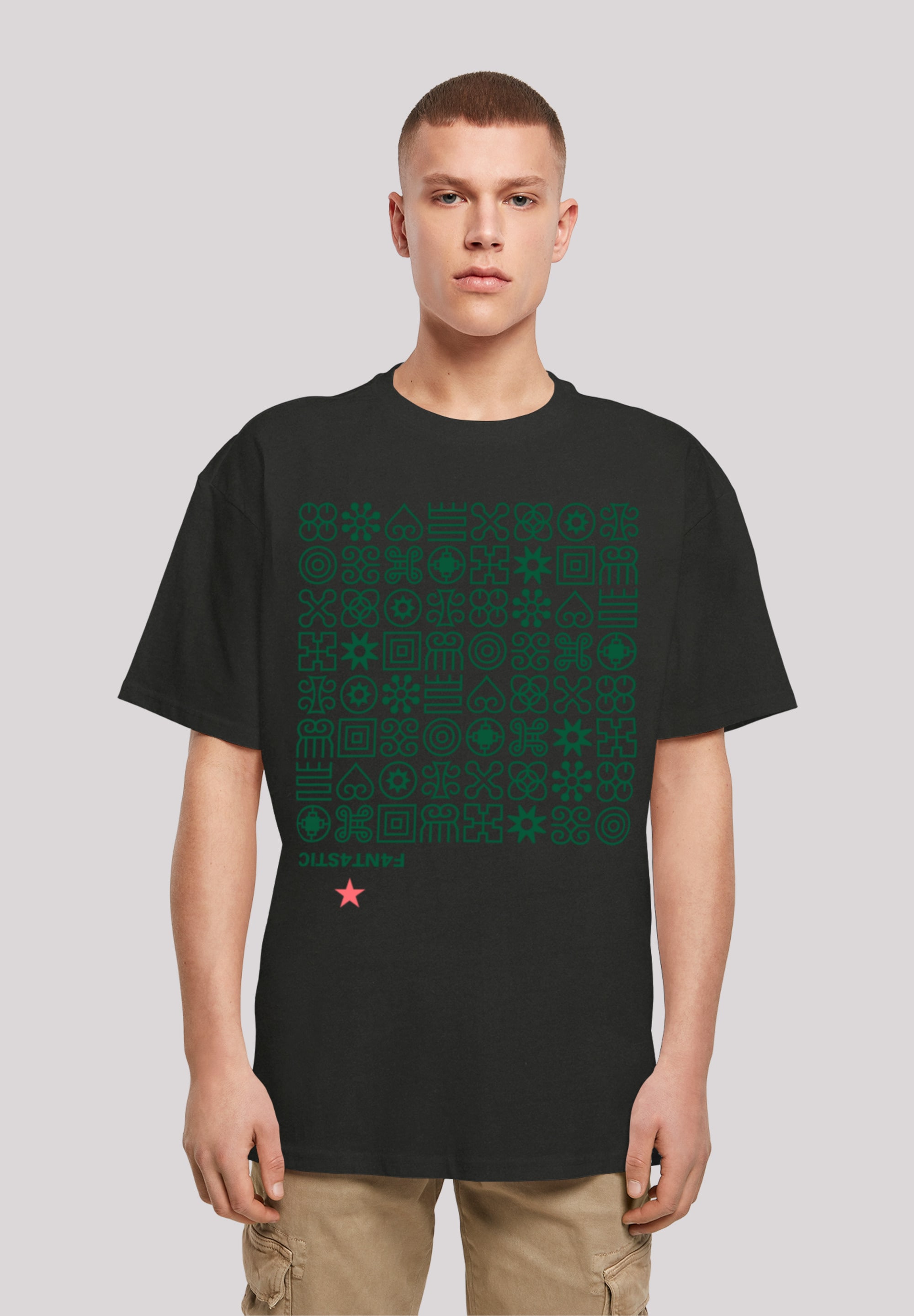 T-Shirt F4NT4STIC "Muster Grün Symbole", Herren, Gr. XS, schwarz, Obermaterial: 100% Baumwolle, oversize, Rundhals, ohne Bündchen, Shirts, Print Image