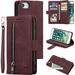 Wallet Case for iPhone SE 2022 5G/iPhone 7/iPhone 8/iPhone SE 2020 Retro 9 Card Slots Zipper Pocket Handbag Case PU Leather Magnetic Cover Wrist Strap Flip Case for iPhone SE3/SE2 - Wine Red