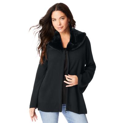 Plus Size Women's Faux Fur Collar Cardigan Sweater. by Roaman's in Black (Size 22/24)