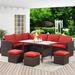 Latitude Run® Janela 7 Piece Rattan Sectional Seating Group w/ Cushions Synthetic Wicker/All - Weather Wicker/Wicker/Rattan in Red | Outdoor Furniture | Wayfair