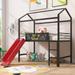 Twin Size Metal Loft Bed Creativity House Bed with Two-Sided Writable Wooden Board and Slide, Full-Length Guardrail Bed
