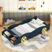 Twin Size Wood Frame Platform Bed, Race Car-Shaped Design and Yellow Wheel Decoration Children Bed with Wheels and Storage