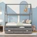 Full Size Wooden Storage Bed Creativity House Bed with Trundle Bed and 3 Storage Drawers & Headboard for Kids Teens