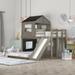 Twin over Full Bunk Bed Wooden House Loft Bed with Ladder, Slide and Guardrails Top Bunk, Playhouse & Farmhouse Style