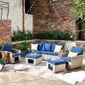 OVIOS 5-piece Pet-Friendly Multi-functional Wicker Patio Furniture Set Navy/Blue