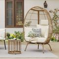 Mcferran s Inc Asey Wicker Egg Chair with Coffee Side Table Oversized Lounger with Cushion Beige+Yellow