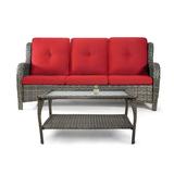 Cozywor Wicker Outdoor Lounge Sofa Couch with Cushions and Table Red