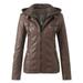 YUEHAO Coats For Women Women s Slim Leather Stand Collar Zip Motorcycle Suit Belt Coat Jacket Tops (Brown)