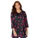 Plus Size Women's Easy Fit 3/4 Sleeve V-Neck Tee by Catherines in Black Floral (Size 0X)