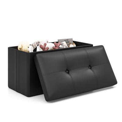 Costway Upholstered Rectangle Footstool with PVC Leather Surface and Storage Function-Black