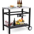 Outdoor Grill Cart Pizza Oven Stand BBQ Prep Table with Wheels & Hooks Side Handle Double-Shelf Grilling Cart Tabletop Griddle Cooking Station for Bar Patio Camping Home