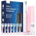 Sonic Electric Toothbrush Sonic Toothbrush - COULAX Travel Toothbrushes Electric Sonic Toothbrush, Shcall Electric Toothbrush with 8 Heads, 5 Modes, Timer Light Pink