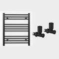 Myhomeware 600mm Wide Straight Black Heated Bathroom Towel Rail Radiator With Valves For Central Heating UK (With Black Straight Valves, 600 x 600mm (h))