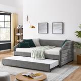 Full Size Daybed with Trundle Upholstered Tufted Sofa Bed Linen Fabric