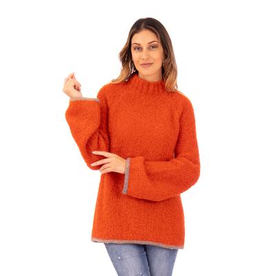Sumptuous Warmth in Orange,'Funnel Neck Alpaca Blend Sweater in Orange and Grey Hues'