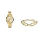 Fossil Damenuhr Scarlette und Kettenarmband Heritage D-Link - DREI-Zeiger-Datum, goldfarbener Edelstahl