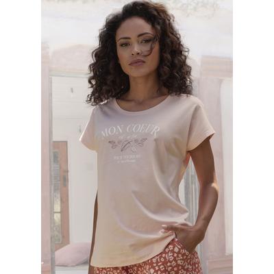 Pyjamaoberteil VIVANCE DREAMS, Damen, Gr. 44/46, rot (apricot), Single Jersey, Obermaterial: 50% Baumwolle, 50% Viskose, bedruckt, unifarben mit Farbeinsätzen, feminin, loose fit hüftlang, Rundhals, Kurzarm angeschnitten, Shirts, mit herbstlichem... Image