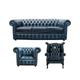 Chesterfield 3 Piece Leather Suite Three Seater Sofa + Queen Anne Wing Chair + Buttoned Seat Club Chair Leather Antique Blue