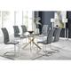 Furniturebox leonardo 150cm Modern Glass And Gold Metal Dining Leg Table And 6 Elephant Grey Murano Faux Leather Silver Chrome Leg Dining Chairs