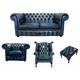 Chesterfield 2 Seater Sofa + Club Chair + Queen Anne Wing Chair + Footstool Leather Sofa Suite Offer Antique blue