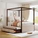 Full Size Canopy Platform Bed, Upholstered Canopy Bed with Trundle and 3 Storage Drawers