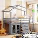 Twin Size Wooden House Loft Bed w/Storage Cabinet/3 Drawers/Roof, Twin Loft Bed w/Guardrail, Ladder & Black Board