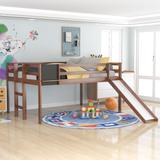 Childrens Loft Bed with Slide&Chalkboard Solid Wood Full Loft Bed with Stair Slide Loft Bed with Under-Bed Space Storage Walnut