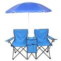 Double Folding Beach Picnic Chair with Umbrella Table Cooler and Bag Portable Folding Chair 2 Person Camping Chair with Canopy for Adults and Kids Outdoor Fold Up Chair Blue